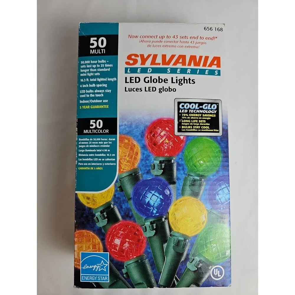 Vintage Sylvania 50 Multicolor LED Globe Christmas Lights Indoor Outdoor 16.3 Ft